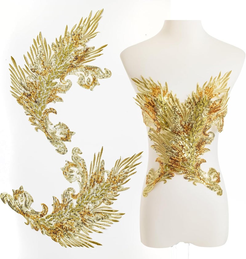Silvora Pair Embroidery Phoenix Costume Sequin Appliques Patches, Peacock Feather Tail Applique Embellishments for Dance Dresses,Clothes,T-Shirt，Neckline Bodice Pants (Gold) - Image 1